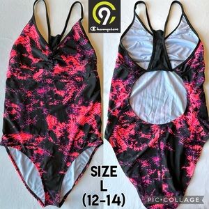 C9 Champion Womens Swimsuit One Piece Bathing Suit Racerback Pink Black L 12-14